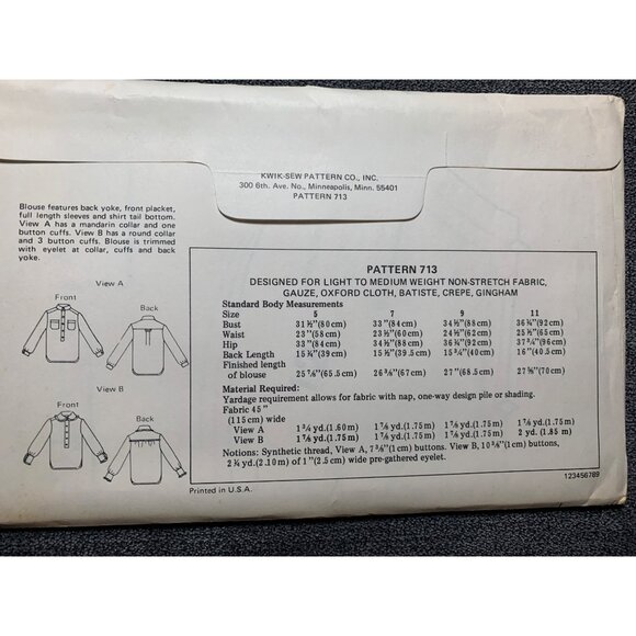 Kwik Sew Misses Blouse Sewing Pattern sz 5-11 713 - uncut - Picture 4 of 9